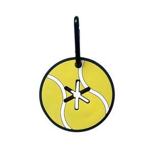 May include: A yellow tennis ball keychain with a black star in the center. The keychain has a black metal clip.