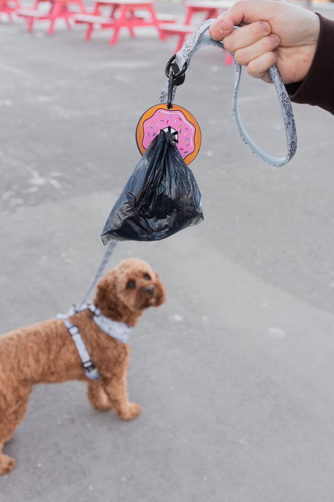 Pink Donut Hands Free Used Waste Bag Holder, Poop Bag Carrier, Dog