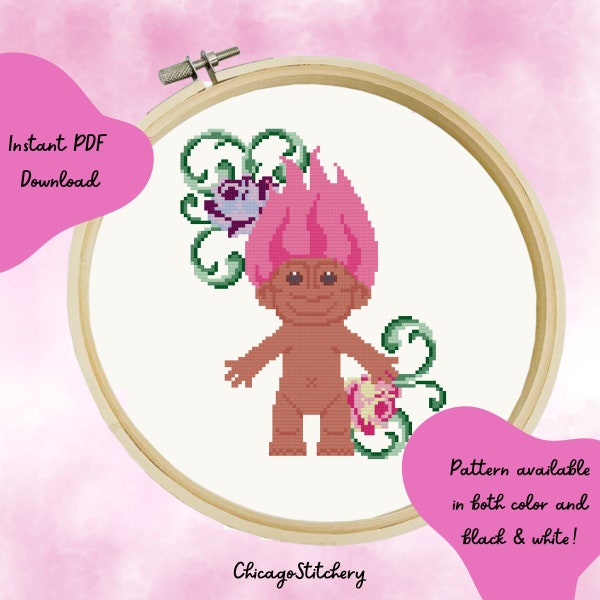 Floral Nostalgia - Troll Doll Cross Stitch Pattern - Instant Download