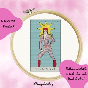 May include: Cross stitch pattern featuring a stylized illustration of David Bowie as the Starman from the album cover of "The Rise and Fall of Ziggy Stardust and the Spiders from Mars". The pattern is available in both color and black and white.