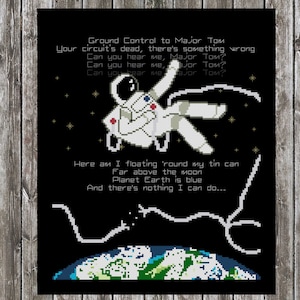May include: A pixel art illustration of an astronaut floating in space with the lyrics to the song "Space Oddity" by David Bowie. The astronaut is wearing a white spacesuit with a red stripe and a blue visor. The lyrics are in black text on a black background. The astronaut is floating above a blue and green planet Earth.