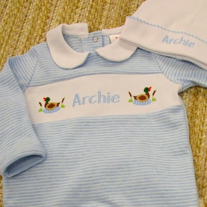 Monogrammed Baby Boy Coming Home Outfit: Blue Stripe Knit Footie, Duck Design