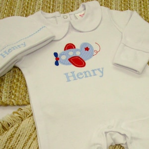 Baby Boy Coming Home Outfit- Monogrammed Romper, Footie-Personalized Baby Gift-Airplane