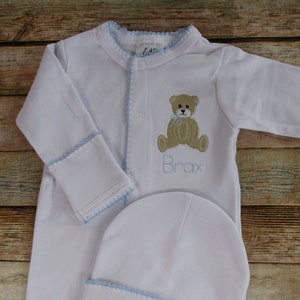 Personalized Baby Boy Footie: Teddy Bear Coming Home Outfit