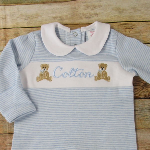 Baby Boy Coming Home outfit-Monogrammed footie romper-Teddy Bear-personalized baby gift