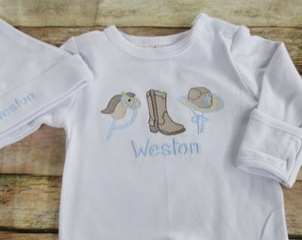 Baby Boy Coming Home Outfit- Monogrammed Romper, Footie-Personalized Baby Gift-Cowboy Romper-Western Footie