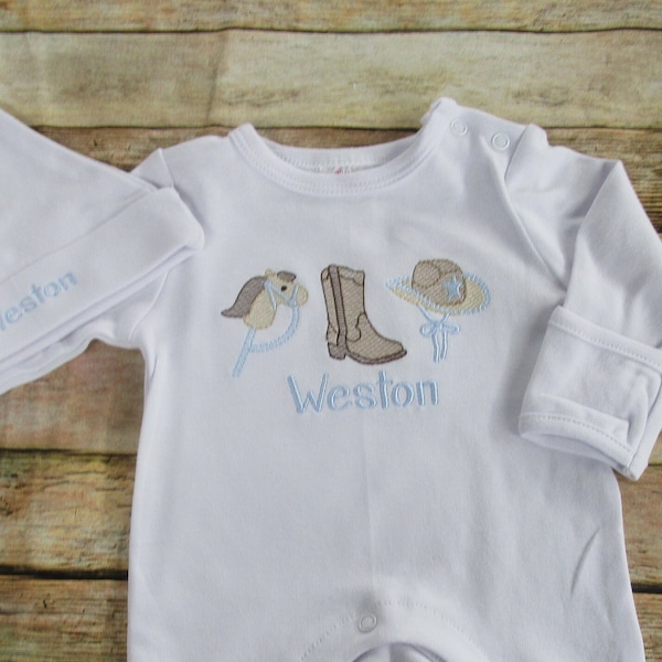 Baby Boy Coming Home Outfit- Monogrammed Romper, Footie-Personalized Baby Gift-Cowboy Romper-Western Footie