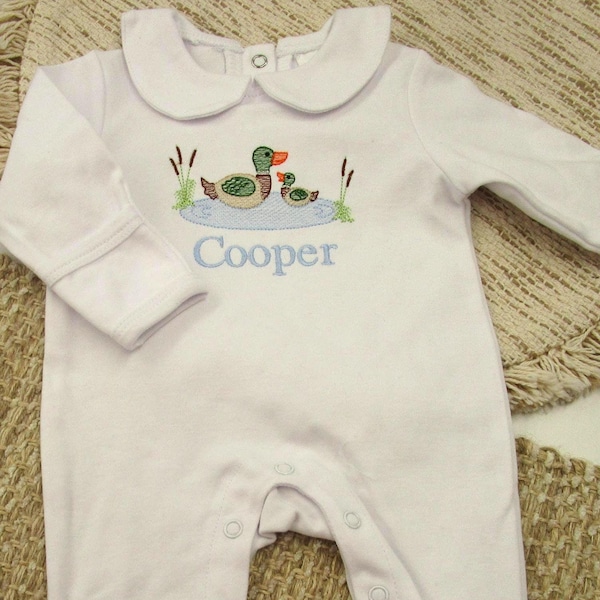 Baby Boy Coming Home Outfit- Monogrammed Romper, Footie-Personalized Baby Gift-Mallard Duck