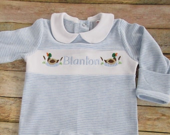 Baby Boy Coming Home outfit-Monogrammed footie romper-Mallard DucK-personalized baby gift