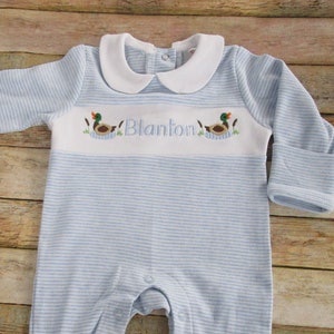 Baby Boy Coming Home outfit-Monogrammed footie romper-Mallard DucK-personalized baby gift
