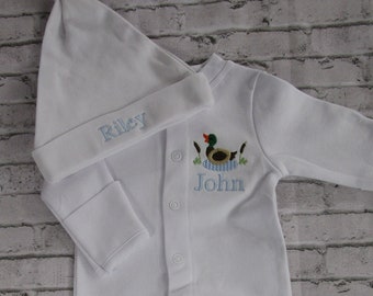 Baby Boy Coming Home Outfit- Monogrammed Romper, Footie-Personalized Baby Gift-Mallard Duck
