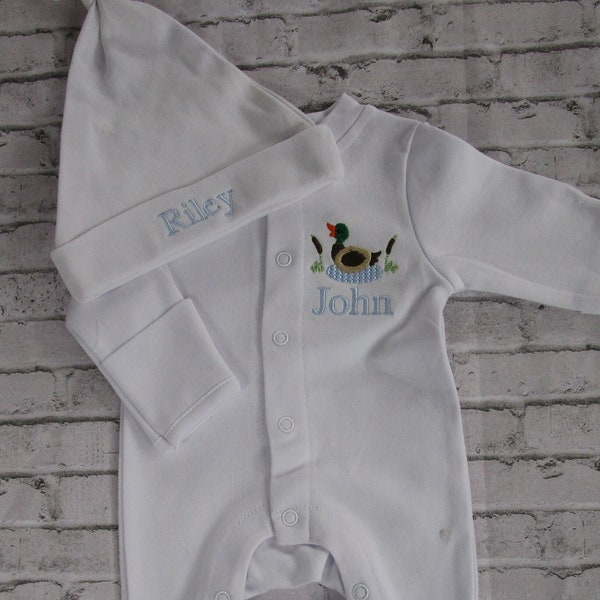 Baby Boy Coming Home Outfit- Monogrammed Romper, Footie-Personalized Baby Gift-Mallard Duck