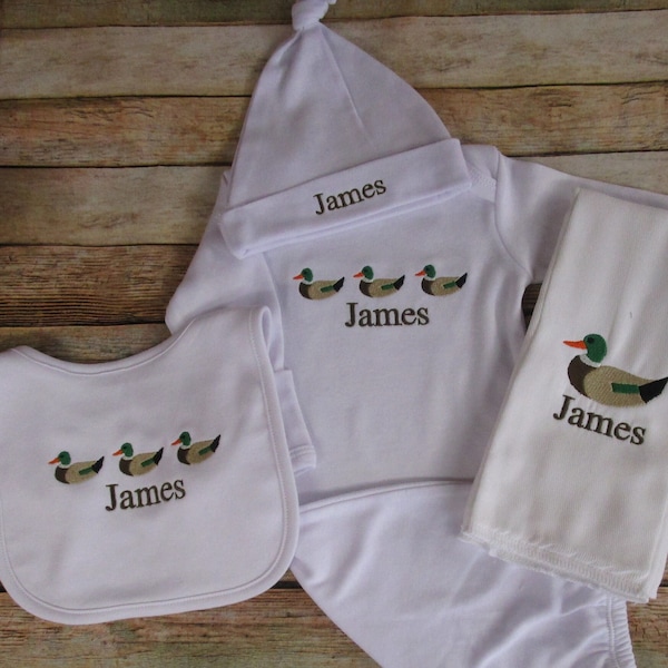 Personalized Newborn Boy Coming Home Outfit/Duck Hunting Newborn Gown/Mallard Duck Infant Gown/Camo Footie