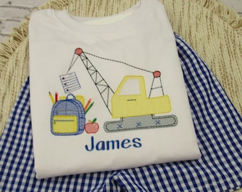 Boys Back to School Shirt: Embroidered Construction Crane