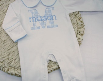 Baby Coming Home Outfit- Boy Monogrammed Footie-Collar Footie
