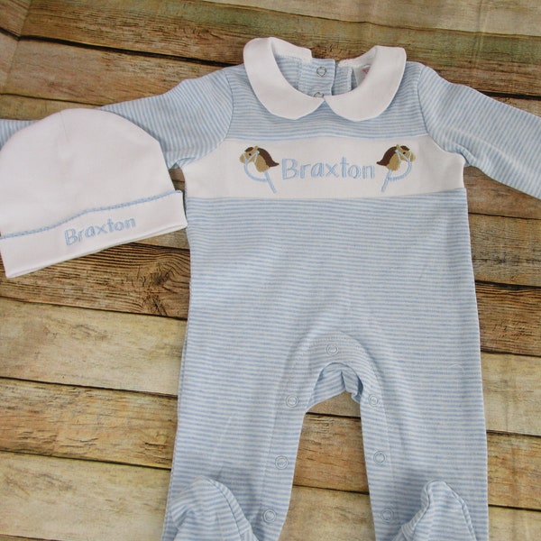 Baby Boy Coming Home outfit-Monogrammed footie romper-Horse-Cowboy-Western-Personalized baby gift