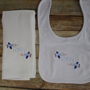 Airplane Baby Bib and Burp Cloth Set: Personalized Monogrammed Gift