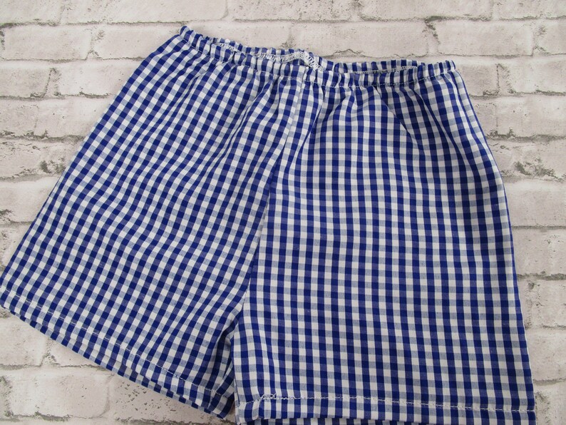 May include: Blue and white gingham shorts with a wide elastic waistband.