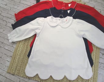 Scalloped Shirt-Girl Peter Pan Collar Shirt-Long Sleeve Scallop-Red-Navy Blue-White