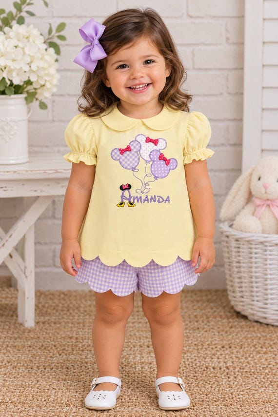 Girl Mouse Shirt-Personalized Vacation Shirt-Purple Gingham Scallop Shorts-Magical Vacation Clothes-Scalloped Top