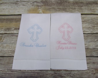 Personalized Christening Towel: Embroidered Cross, Linen Baptism Gift