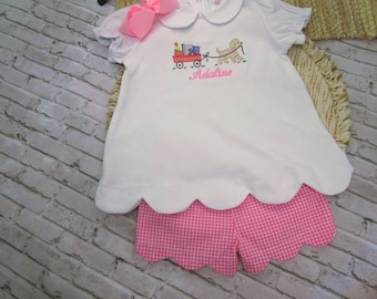 Girl Back to School Shirt – Puppy Wagon Embroidery, Scalloped Collar Blouse, Gingham Shorts