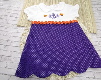 Girl's Orange Purple Tiger Dress, Polka Dot Skirt, Game Day Apparel-Scalloped Hem-Peter Pan Collar