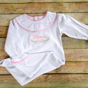 Personalized Newborn Girl Gown: Ruffle Collar, Monogrammed Baby Outfit