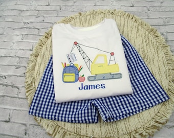 Boys Back to School Shirt: Embroidered Construction Crane