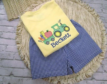 Back to School Shirt-Boys First Day Set-Farm Tractor  Apple Pencil-Yellow Shirt-Gingham Shorts
