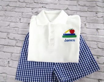 Boys Back to School Shirt-First Day Polo Shirt-Books Apple Pencil