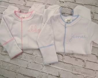 Personalized Baby Footie: Picot Trim Cotton Knit Romper-Twins-Newborn Coming Home-Take Home Set