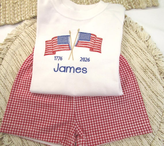 Boy Patriotic Shirt-Personalized 4th of July Shirt-Red Gingham Shorts-USA-America