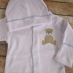Personalized Baby Boy Footie: Teddy Bear Romper, Blue Trim