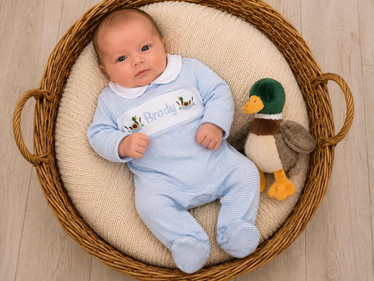 Monogrammed Duck Design Baby Boy Footie: Blue Stripe Knit Outfit