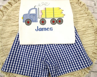 Boys Embroidered Back to School Shirt: Logging Truck Outfit