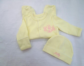 Personalized Yellow Knit Baby Girl Footie and Hat Set: Pink Bow, Picot Trim-Newborn Coming Home