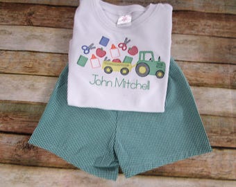Boys Back to School Shirt-First Day -Farm Tractor Apples Scissors Glue