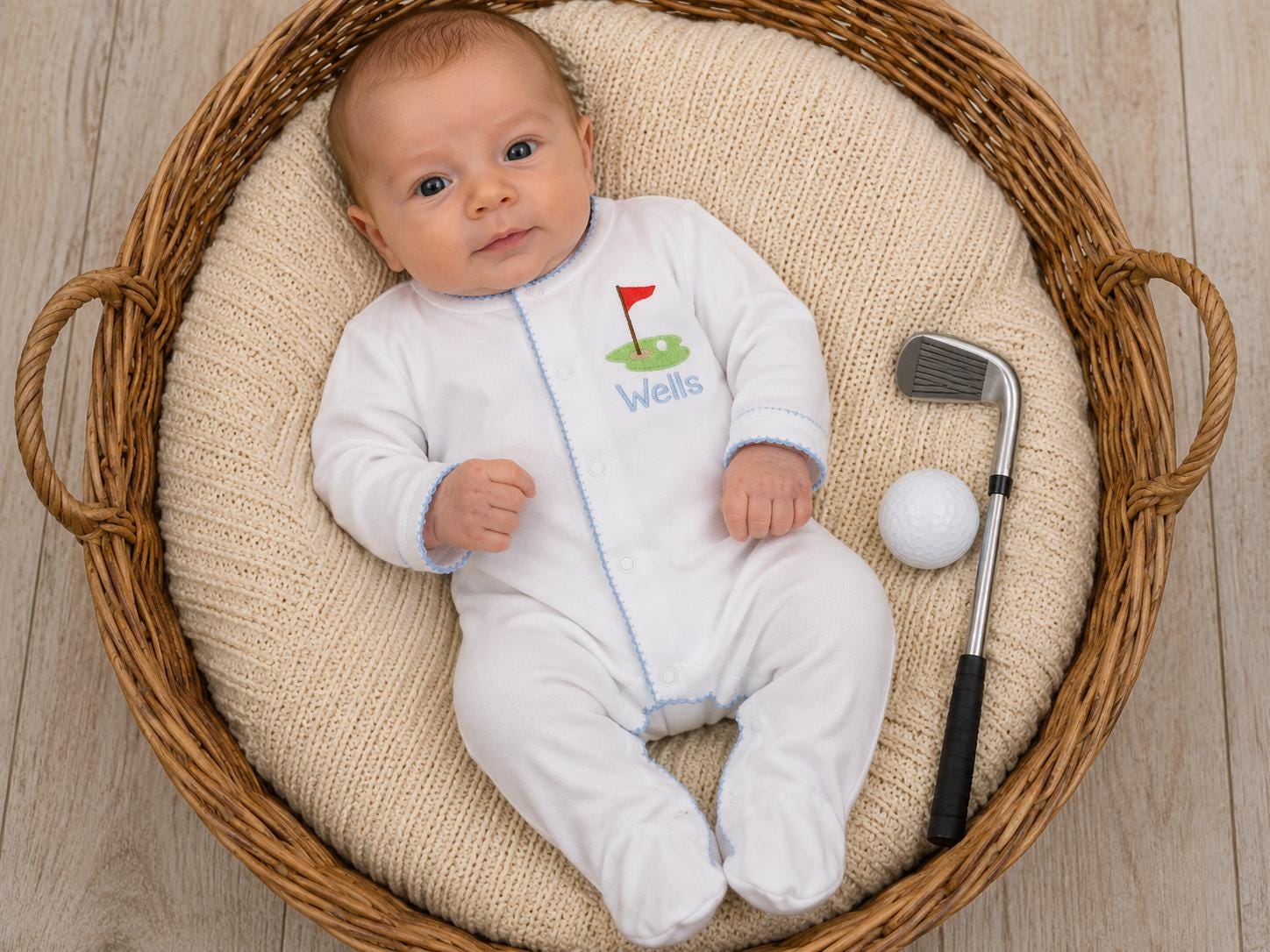Personalized Newborn Golf Outfit: Combed Cotton Footie & Hat