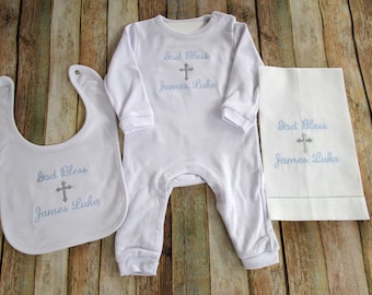 Baby Boy Christening Romper Set: Soft Cotton Knit, Personalized