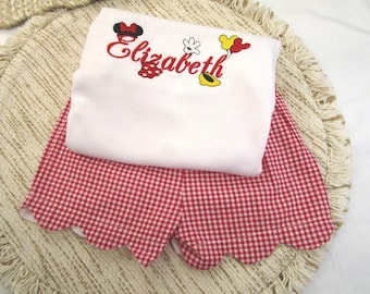 Girl Mouse Shirt-Personalized Vacation Shirt-Red Gingham Scallop Shorts-Magical Vacation Clothes