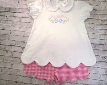 Personalized Big Sister Outfit:Pink Gingham Scalloped Shorts Pants-Big Sister Scallop Shirt
