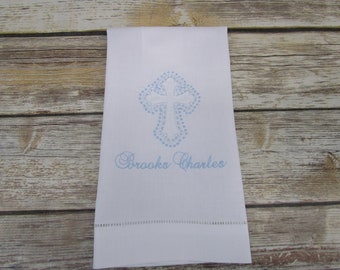 Personalized Linen Christening Towel: White Cutwork Cross