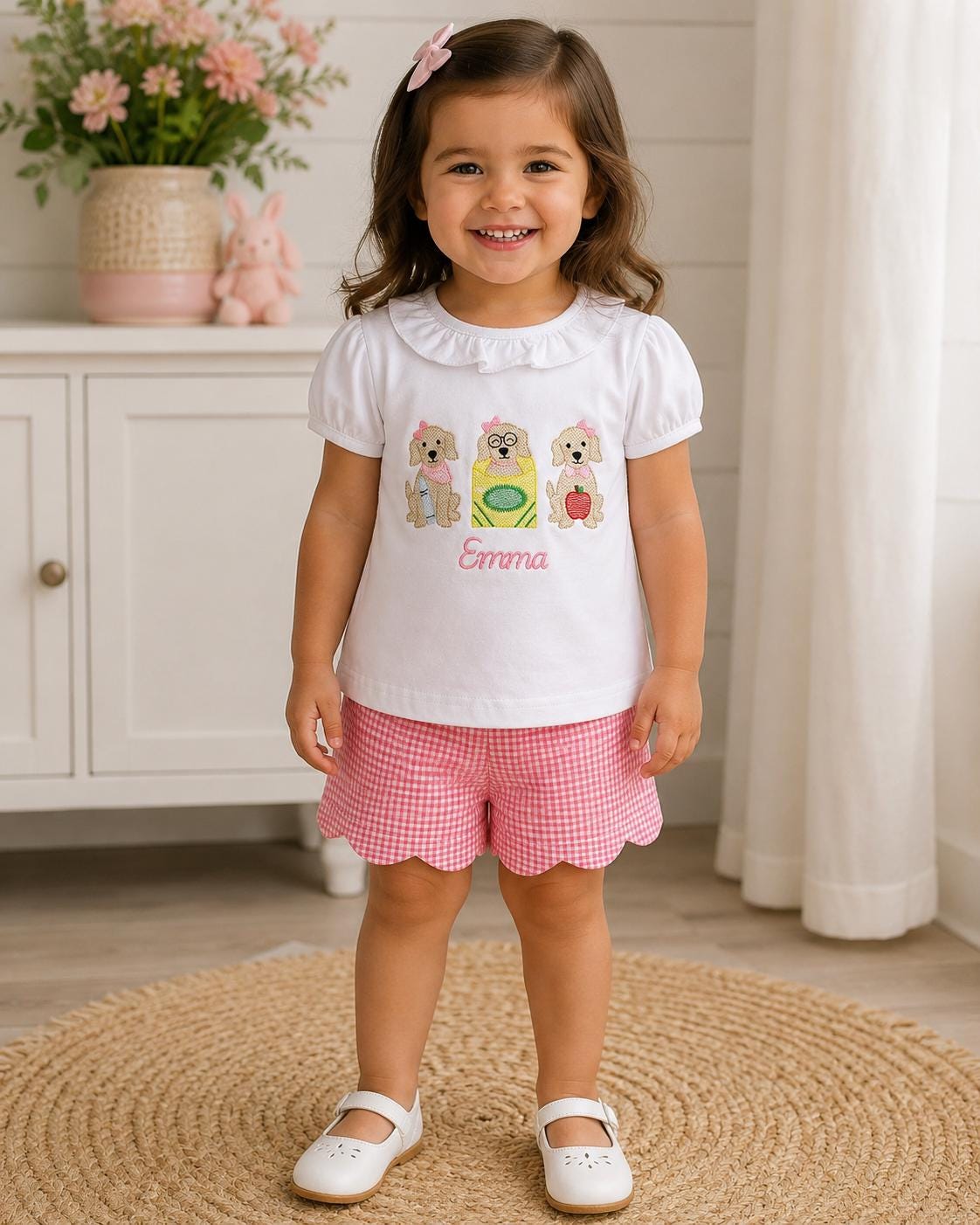 Girl Back to School Shirt-First Day Apple-Crayon- Bow-Pencil -Puppy Trio- Doodle Dog-Scallop Shorts-Blouse