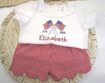 Girl Patriotic Shirt-Personalized 4th of July Shirt-Red Gingham Scallop Shorts-USA-America