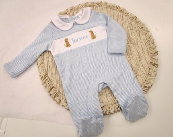 Baby Boy Coming Home Outfit Monogrammed footie romper Puppy Romper Lab Romper Personalized Baby Gift