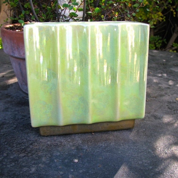 Mid-Century Lime Green Iridescent Rectangular Vase, Vintage Pottery