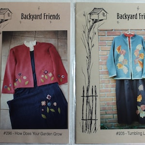 May include: Two sewing patterns for jackets with embroidered details. The first pattern is for a red jacket with floral embroidery and is titled "#296 - How Does Your Garden Grow". The second pattern is for a blue jacket with leaf embroidery and is titled "#205 - Tumbling Leaves".