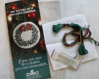 DMC Cross Stitch Kit - Simple Christmas Wreath Ornament - opened, unfinished, not started - simple instructions and kit