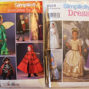 CUT & Used Sewing Patterns - Simplicity - J0786 Boys and Girls Costumes - 8424 - Girls Dress Up Dresses - size 3, 4, 5, 6, 7, 8